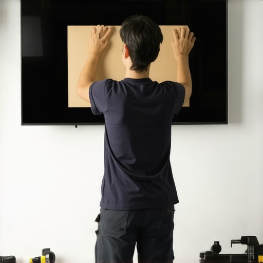 Person cutting and marking cardboard for TV mount template.