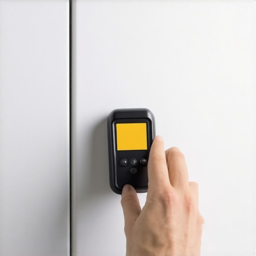 Person using a deep-penetration stud finder on layered acoustic wall panels.