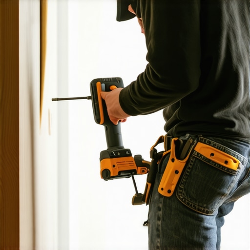 Person drilling into wall studs to securely mount a TV bracket