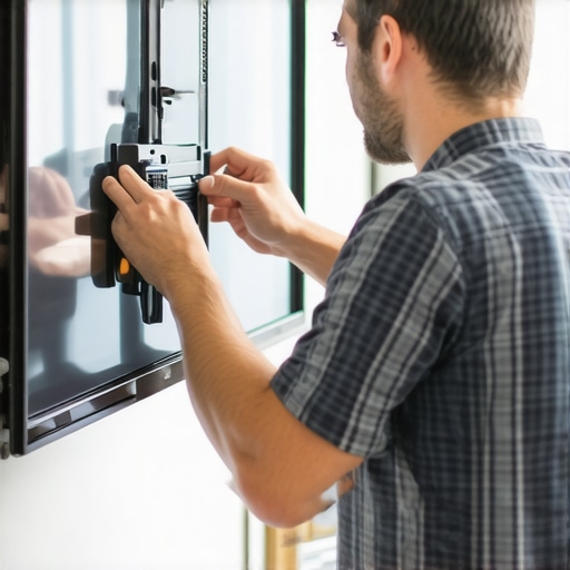 Person tightening screws on a TV wall mount for secure installation