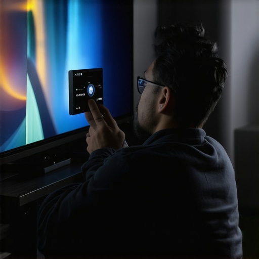 Technician in a dark room adjusting a high-end OLED TV for optimal picture quality.