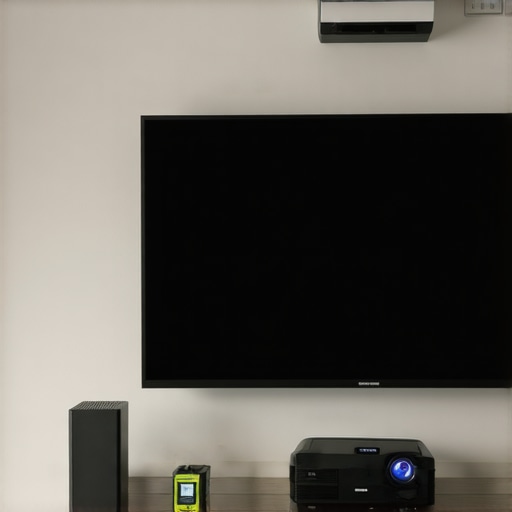 Expert home theater setup with calibration tools A technician calibrating OLED TV and installing a projector with leveling tools.