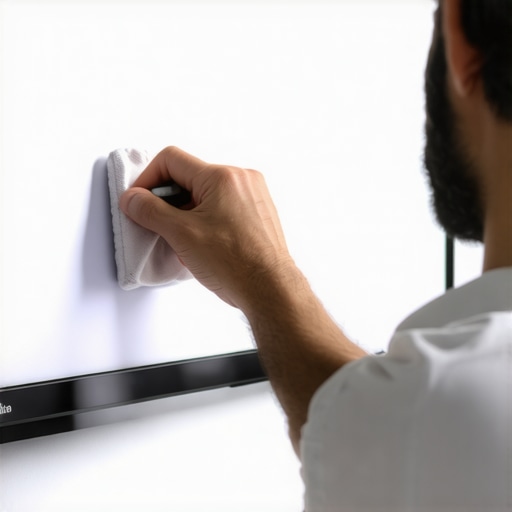 Person cleaning and calibrating an OLED TV with professional tools.