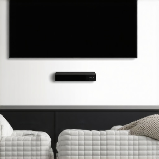 A modern living room with a wall-mounted TV and hidden streaming device behind it, showcasing neat cable management.