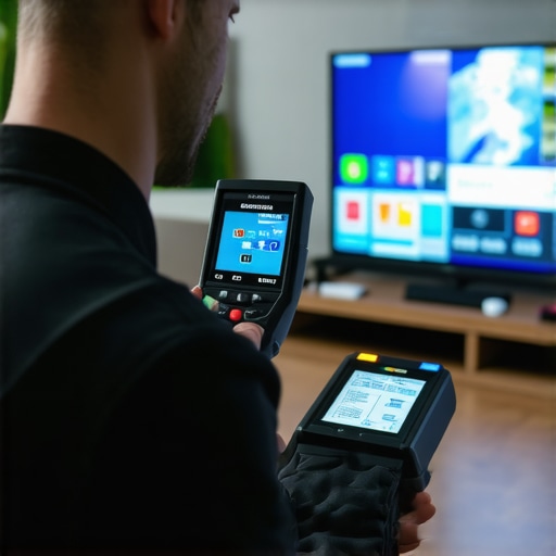 Home Display Calibration in Action Technician calibrating a home display with colorimeter and software.