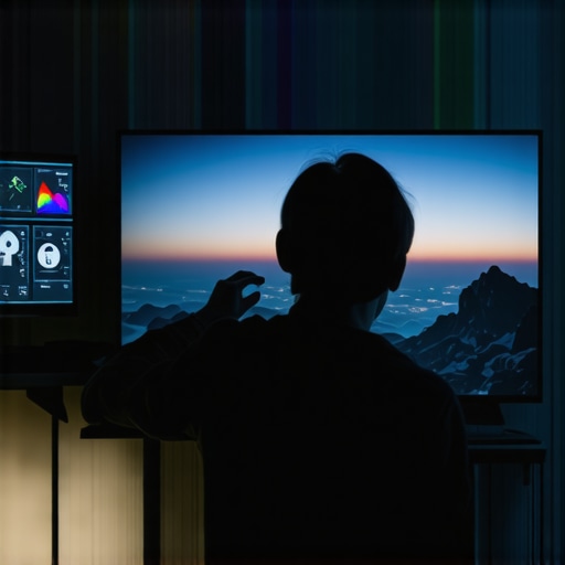 Person adjusting a modern TV with calibration tools in a dark room.