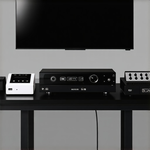 A workstation with calibration tools, HDMI testers, and mounting hardware for home theater equipment.