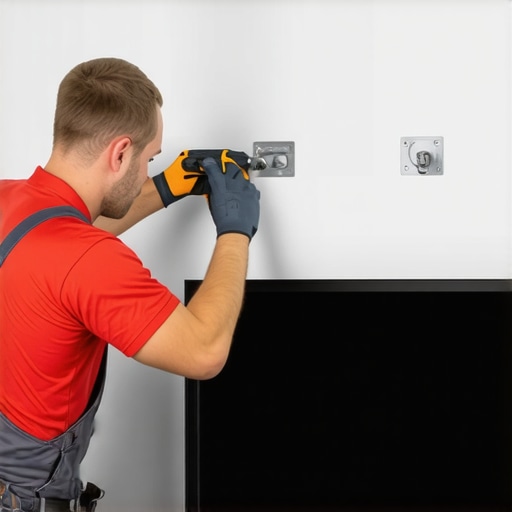 A technician inserting toggle bolts behind a wall-mounted TV on a vintage plaster wall.