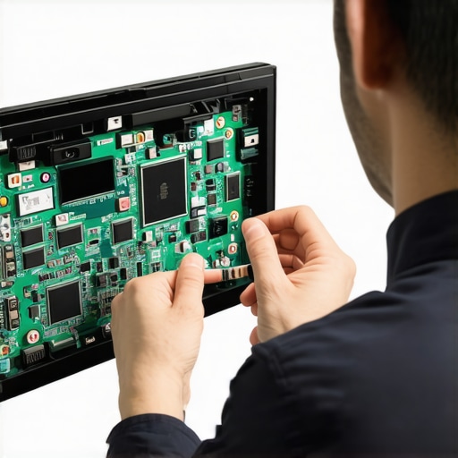 Technician examining a mini LED TV's circuit board for faults.