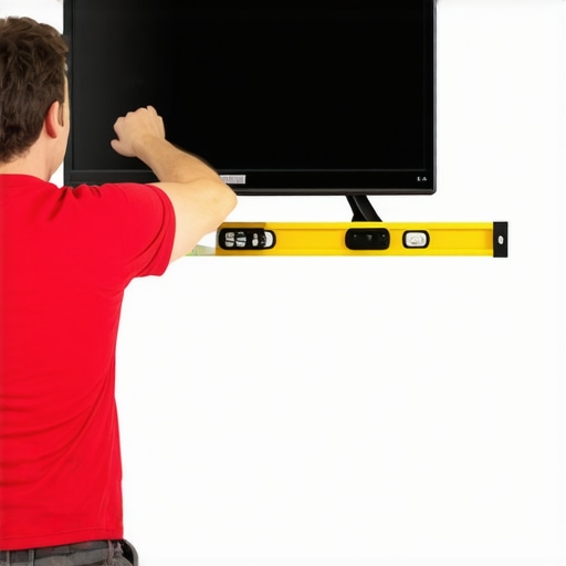 Leveling a Wall-Mounted TV Using Shims Person using a level and shims to fix a crooked wall-mounted TV