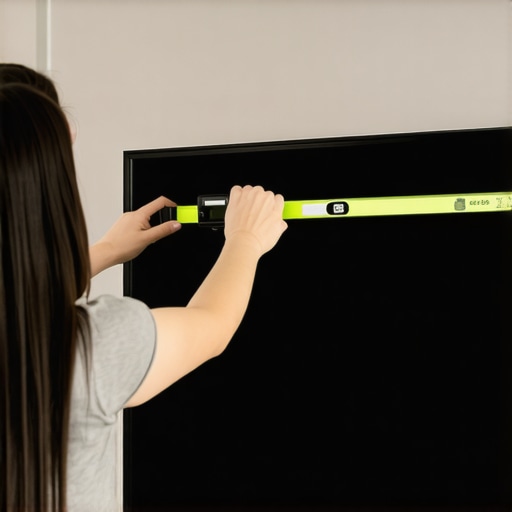 Leveling a Wall-Mounted TV Person checking the horizontality of a TV with a spirit level during installation