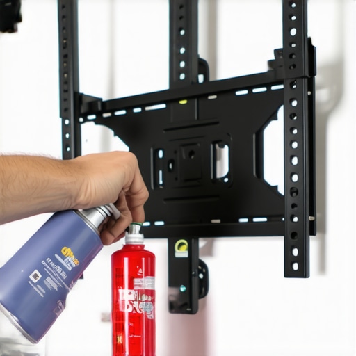 A person applies silicone lubricant to a TV wall mount's pivot point to eliminate squeaking noises.