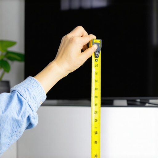Measuring Eye Level for Optimal TV Height Person using a tape measure to determine eye level for TV mounting in a living room