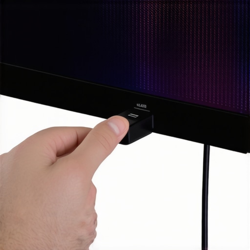 Person connecting or adjusting HDMI cable behind a sleek OLED display.