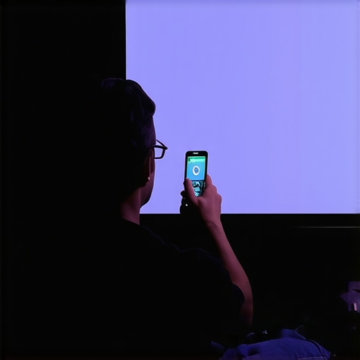 Person calibrating projector and adjusting screen gain in a dim home theater