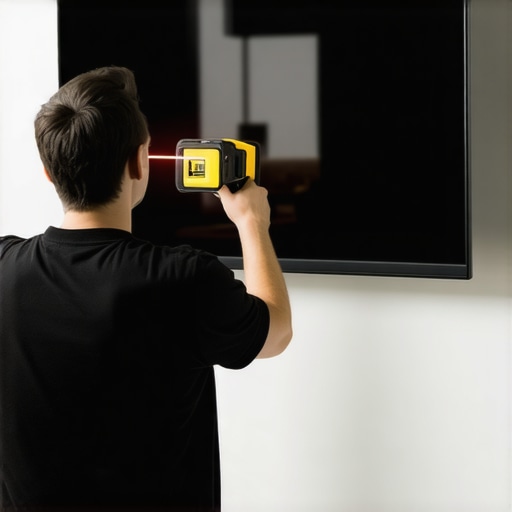 Precise TV Mounting Setup Person mounting a TV to wall using laser level and stud finder for perfect height
