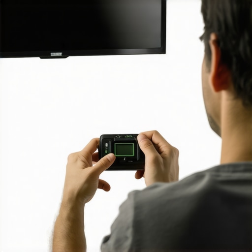 Technician aligning a flat-screen TV using a digital level and calibration tools