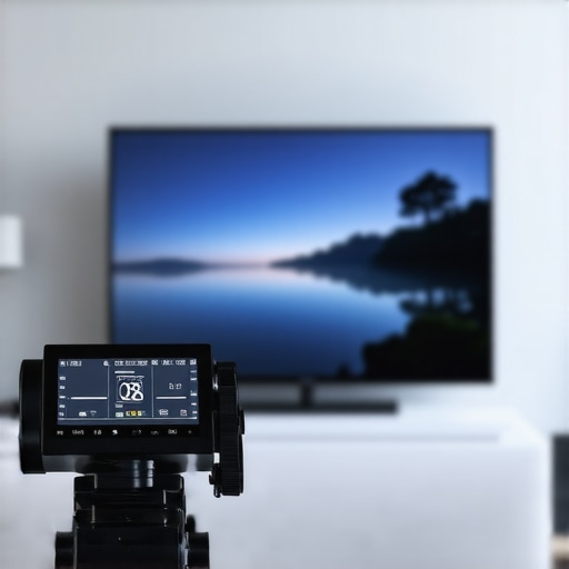 Precision calibration of a home OLED display Calibration tool measuring an OLED screen in a bright living room setting.