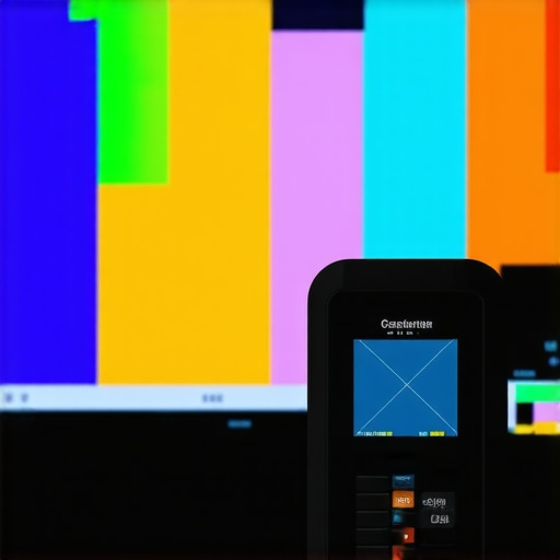 Precision calibration with a colorimeter on a modern OLED TV. Person using a colorimeter device to calibrate a high-end OLED TV for optimal picture quality.
