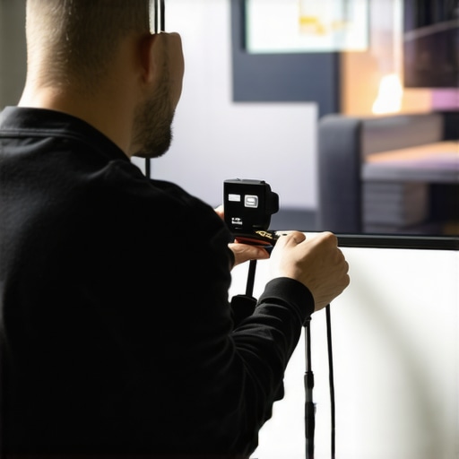 Professional calibration of a home display setup Person calibrating OLED display with colorimeter tool in cozy living room
