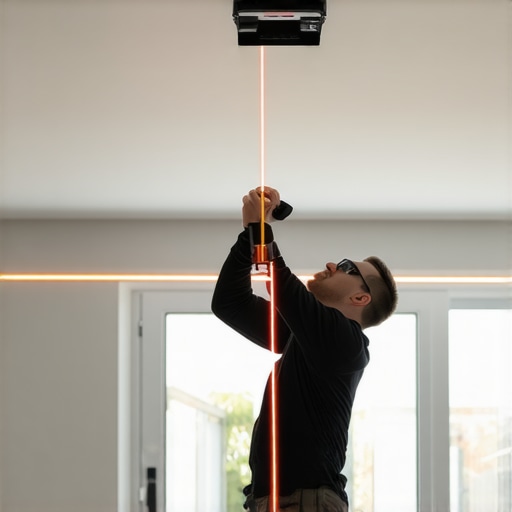 Technician aligning a ceiling-mounted projector using a laser level for precise positioning.