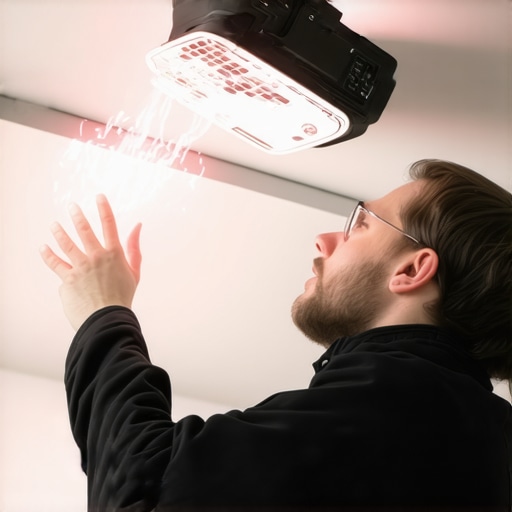 Close-up of a laser level projecting lines on a ceiling-mounted projector setup.
