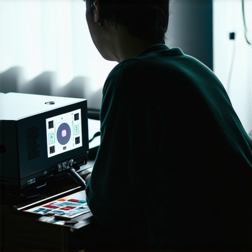 Person adjusting projector settings in a dark room using calibration tools.