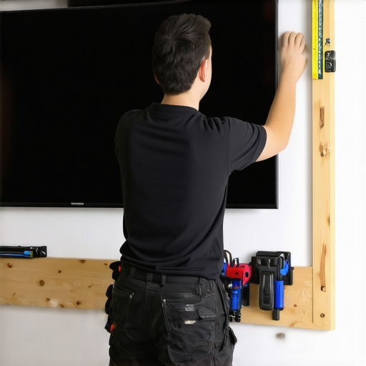 Proper OLED Wall Mounting Technique Person carefully mounts a large OLED TV on a stud wall using a level and tools for precise installation.
