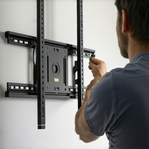 Person installing a wall mount for a large TV with toggle bolts and level tool