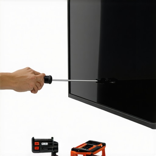 Regular maintenance tools for wall mounts Person tightening a TV wall mount with a screwdriver in a modern living room
