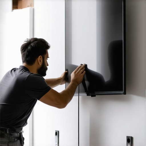 Person installing a heavy OLED TV onto drywall with proper anchors and a laser level for precise placement.
