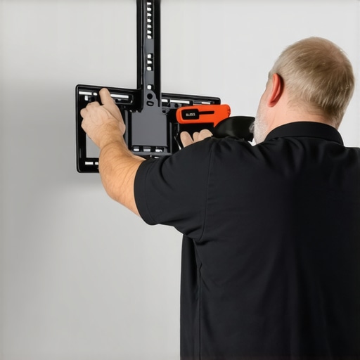 Securing Your Wall Mount Bolts Person tightening bolts on a wall-mounted TV with a screwdriver, ensuring stability.