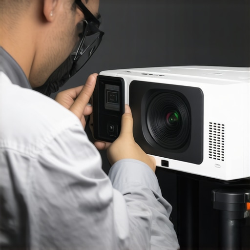 Technician inspecting projector heat distribution with thermal camera.