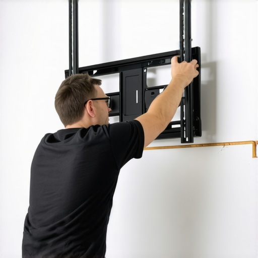 Person adjusting shims behind TV wall mount for perfect leveling