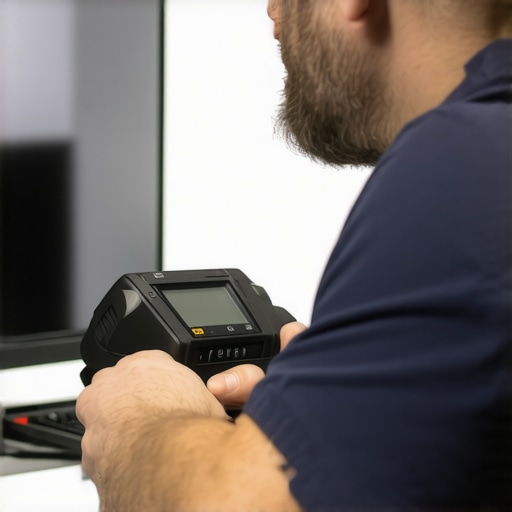 Using a Digital Laser Level for Perfect TV Alignment Technician adjusting wall-mounted OLED TV with a digital laser level to ensure perfect alignment in a modern living room.