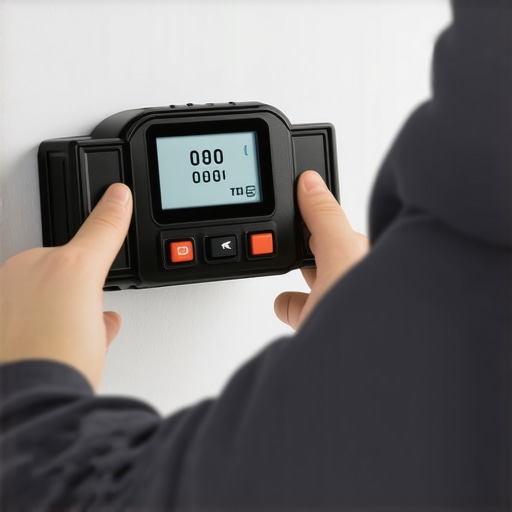 Person measuring wall mount stability with a digital level for optimal display setup