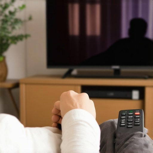 Adjusting TV Settings for Better Dark Scene Performance Person fine-tuning TV brightness and contrast in living room