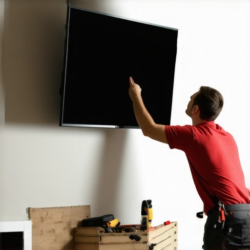 Person installing a TV on a sloped attic wall with shims and mounting tools.