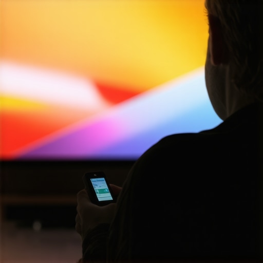Person using a colorimeter to calibrate an OLED TV in a dark room.