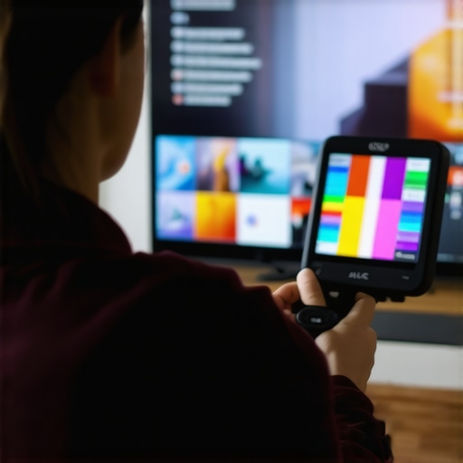 Calibrating Your Home Display with a Colorimeter Person using a colorimeter to calibrate a 4K TV for accurate colors in a cozy living room setting.