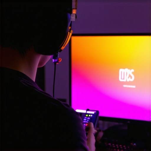 Person adjusting a computer monitor using a colorimeter device for precise color calibration.