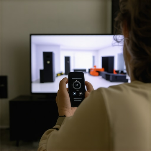 Person adjusting color calibration on a flat-screen TV using a professional device in a home theater setting.