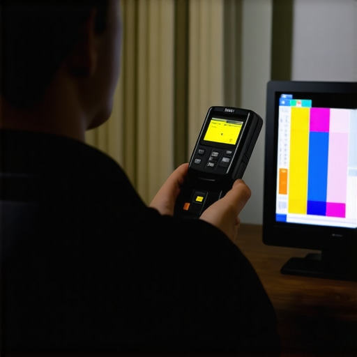 A technician using a colorimeter to calibrate a flat-screen TV in a home setting