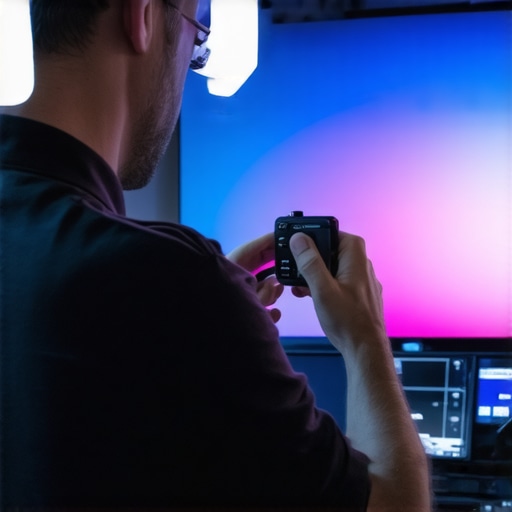 Calibration Tools for OLED Display Maintenance Person using colorimeter device for OLED TV calibration in a home setup.