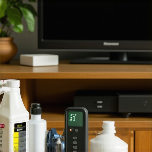 An array of calibration devices and cleaning supplies positioned near a sleek OLED TV, ready for maintenance.