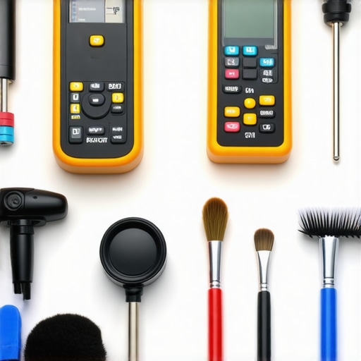 Calibration tools for home display maintenance Expert using calibration equipment on a high-end OLED television in a modern setup.