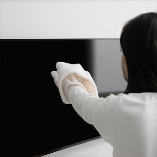 Person gently cleaning an OLED TV with a microfiber cloth, highlighting maintenance tools