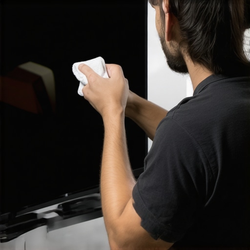 Person gently cleaning a flat-screen TV with a microfiber cloth to maintain clarity and color accuracy.