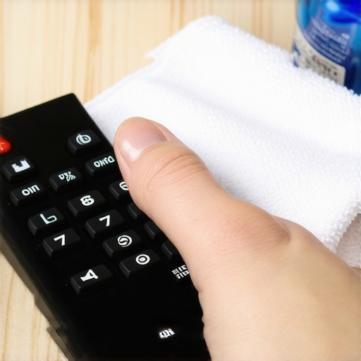 Cleaning a TV remote with alcohol wipe Person cleaning TV remote's sensor window with alcohol wipe.