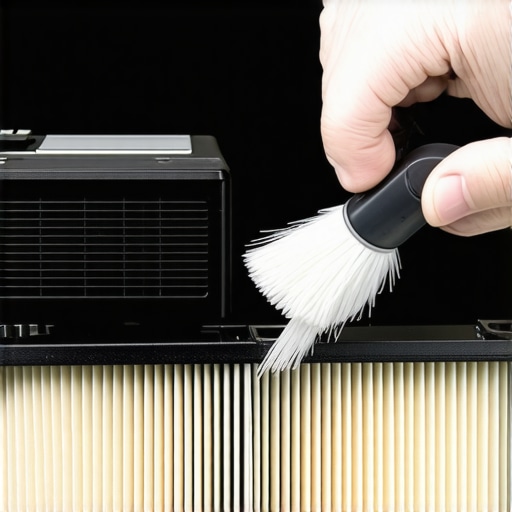 Person cleaning projector filter with compressed air and soft brush